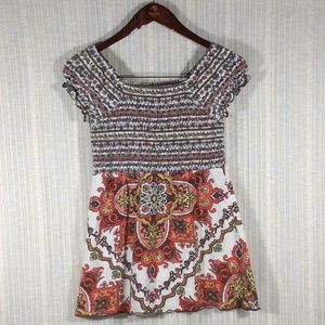 Vintage Early 90s Boho Smocked Top Ruffled Cap Sleeve Floral Paisley Small